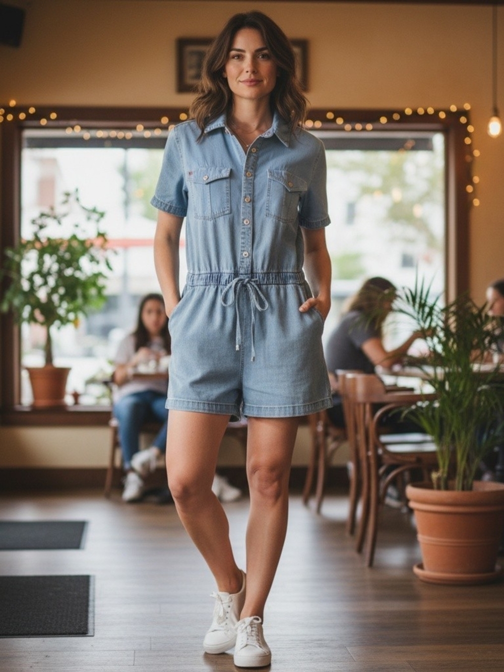 Light Blue Denim Short-Sleeve Romper with Drawstring Waist